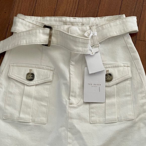 New Ted Baker Cream Eriike Utility Denim Mini Skirt with Front Pockets Size 2 - Picture 7 of 16